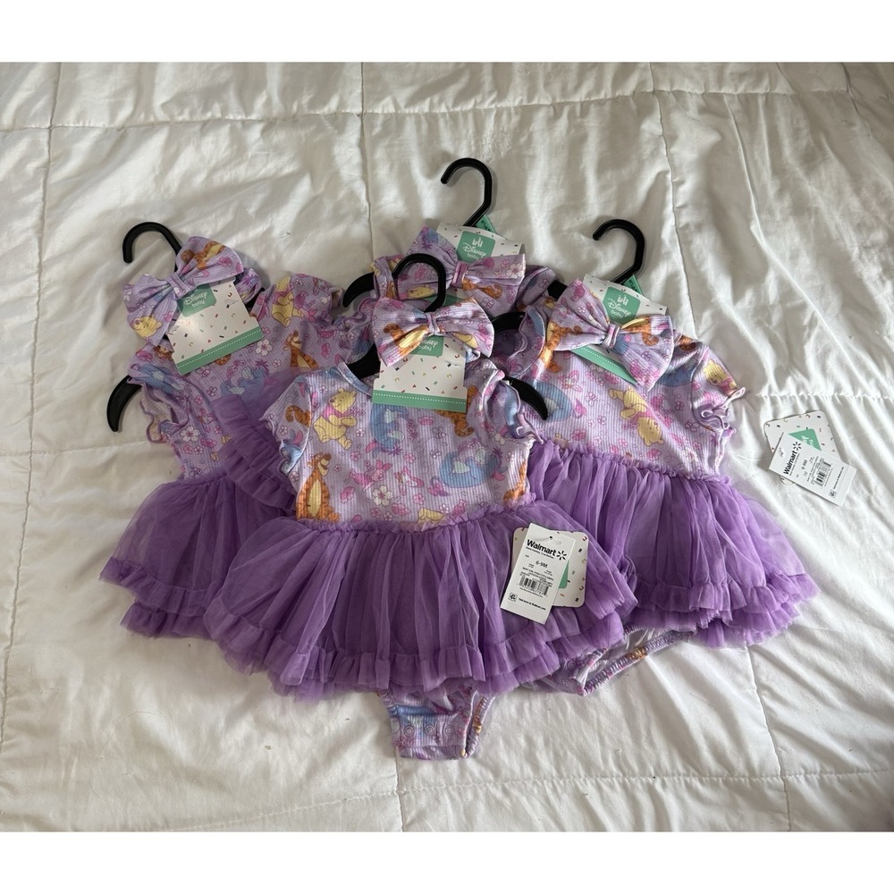 Four Matching Disney Baby Winnie The Pooh Purple Tutu Bodysuit Quadruplets 6-9 M